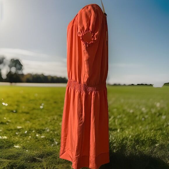 Talbots Drop Waist Dress XL Silk Peach Tie Front Short Sleeves Chic Classic - Picture 5 of 14